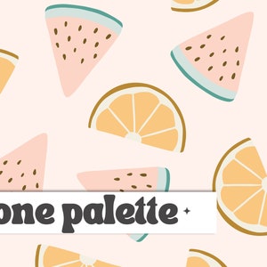 Peut inclure: Un motif sans couture composé de tranches de pastèque roses et de tranches d'agrumes orange sur un fond rose clair. Le texte "one palette" est écrit en lettres noires en gras sur une bannière blanche.