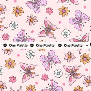 May include: A seamless pattern featuring pink butterflies and flowers on a light pink background. The butterflies have light blue and pink wings and the flowers are in shades of pink, orange, and white.