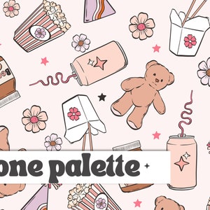 Op de afbeelding: Een naadloos roze en wit patroon met verschillende schattige illustraties, waaronder een teddybeer, een blikje frisdrank, een afhaalcontainer, een pot Nutella, popcorn en bloemen. De tekst "one palette" staat in het zwart onderaan de afbeelding.