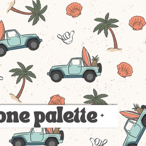 Puede incluir: Un patrón sin costuras que presenta un jeep azul claro con tablas de surf y piñas en la parte trasera, palmeras, conchas marinas y gestos con las manos. El texto "one palette" está en la parte inferior de la imagen.