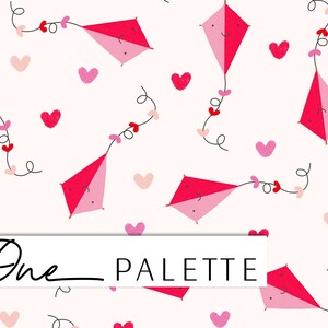 May include: A seamless pattern featuring pink and red kites with smiling faces and pink hearts on a white background. The kites have strings with hearts attached to them.