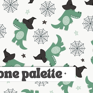 May include: A seamless pattern featuring green alligators wearing black witch hats, with black spiderwebs and stars on a white background. The text "one palette" is at the bottom of the image.