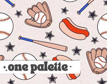 May include: A seamless pattern featuring baseballs, bats, gloves, hot dogs, and stars on a beige background. The text "one palette" is written in black across the bottom of the image.