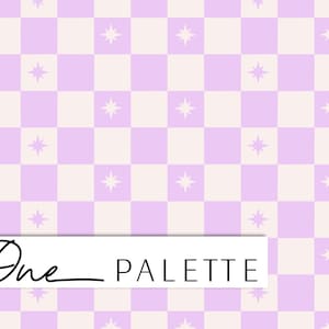 May include: A seamless pattern featuring a white star on a light purple square, alternating with a white square. The pattern repeats throughout the image. The text "One Palette" is written in black at the bottom of the image.