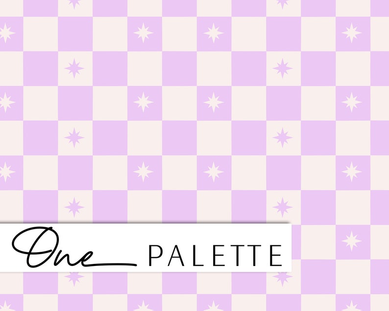 May include: A seamless pattern featuring a white star on a light purple square, alternating with a white square. The pattern repeats throughout the image. The text "One Palette" is written in black at the bottom of the image.