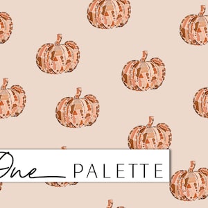 Puede incluir: Un patrón sin costuras que presenta un diseño repetitivo de calabazas marrones y naranjas con una textura de mosaico sobre un fondo beige claro. El texto "One Palette" está en la parte inferior de la imagen.