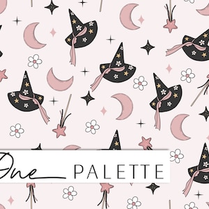 May include: A seamless pattern featuring black witch hats with pink ribbons, pink crescent moons, white flowers, and gold stars on a light pink background.
