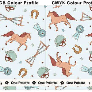 May include: A seamless pattern featuring equestrian-themed illustrations in a light blue background. The pattern includes horses, riding helmets, horseshoes, and blue ribbons. The pattern is shown in both RGB and CMYK color profiles.