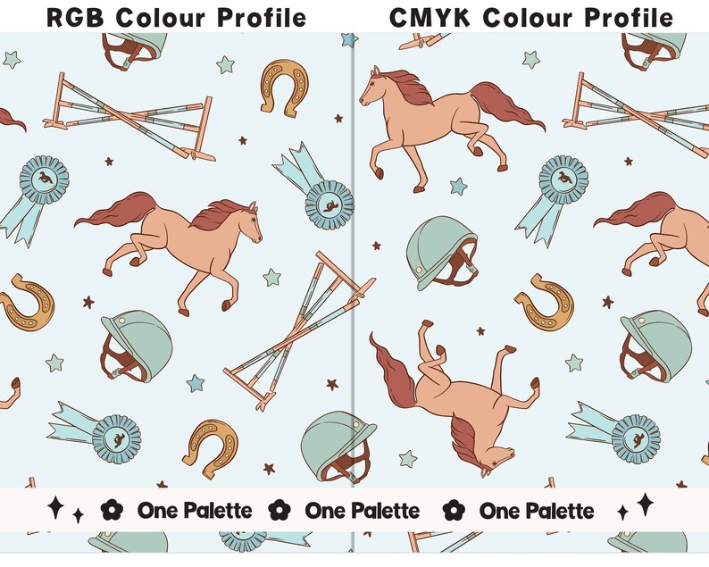 May include: A seamless pattern featuring equestrian-themed illustrations in a light blue background. The pattern includes horses, riding helmets, horseshoes, and blue ribbons. The pattern is shown in both RGB and CMYK color profiles.