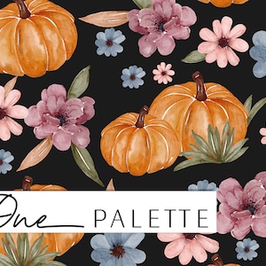 FlORAL PUMPKINS BLACK | Watercolor Floral Pumpkins Seamless Digital Pattern, Fall Seamless Repeat Pattern, Pumpkins Seamless File