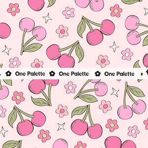 Könnte beinhalten: Ein nahtloses Muster in Rosa und Weiß mit Kirschen, Blumen und Sternen. Die Kirschen sind rosa und haben grüne Stiele und Blätter. Die Blumen sind rosa und haben fünf Blütenblätter. Die Sterne sind weiß und haben fünf Zacken.