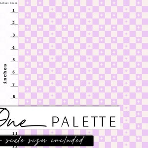 May include: A digital paper pattern with a checkerboard design in shades of light purple and white. The pattern includes small white stars. The text "One PALETTE" and "two scale sizes included" is at the bottom of the image.