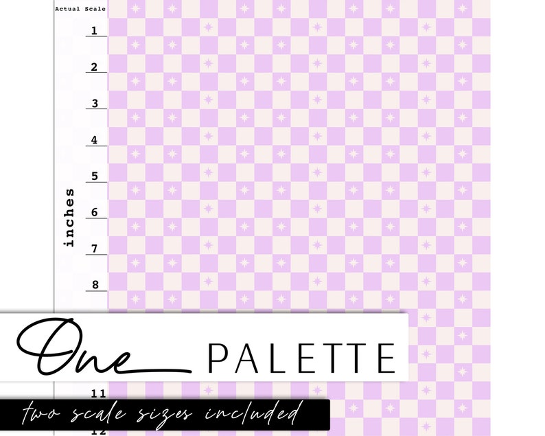 May include: A digital paper pattern with a checkerboard design in shades of light purple and white. The pattern includes small white stars. The text "One PALETTE" and "two scale sizes included" is at the bottom of the image.