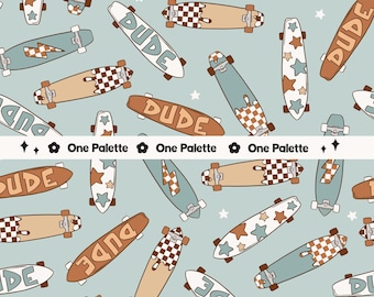 May include: A seamless pattern featuring various colorful skateboards with different designs, including stars, checkered patterns, and lightning bolts. The text "DUDE" appears on several of the skateboards. The background is a light blue color.