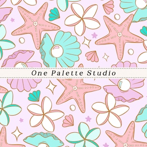 May include: A repeating pattern featuring starfish, seashells, pearls, and flowers in shades of pink, teal, and white on a light pink background. The text "One Palette Studio" is displayed in a white banner across the image.