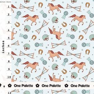 May include: A seamless pattern featuring a light blue background with brown horses, blue ribbons, gold horseshoes, and light blue riding helmets. The pattern also includes brown and white fences.