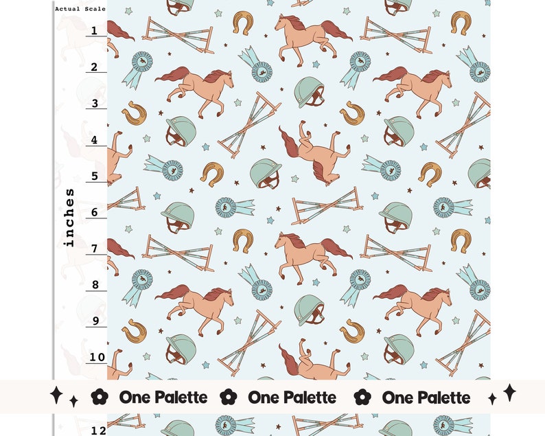 May include: A seamless pattern featuring a light blue background with brown horses, blue ribbons, gold horseshoes, and light blue riding helmets. The pattern also includes brown and white fences.