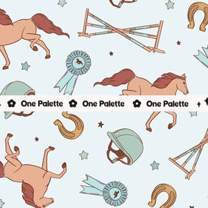 May include: A seamless pattern featuring a light blue background with brown horses, gold horseshoes, blue ribbons, a blue riding helmet, and a brown jump hurdle.