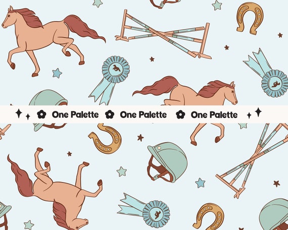 Equestrian Horse Riding Seamless Pattern: Blue Digital Fabric File (JPEG)