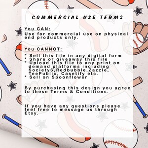 May include: A beige background with a baseball theme. The text reads "COMMERCIAL USE TERMS". The text lists what is allowed and not allowed for commercial use of the design.