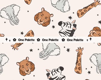 Krämfärgade djurparksdjur sömlösa mönster: elefant, lejon, giraff (digital nedladdning)