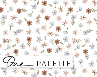 May include: A seamless pattern featuring a variety of small, stylized flowers in shades of brown, pink, and blue on a white background. The pattern is repeated throughout the image. The text "One Palette" is visible at the bottom of the image.