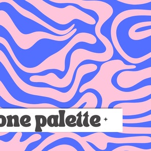 May include: Abstract background with a retro wavy pattern in shades of blue and pink. The words "one palette" are displayed in a white rectangle with star accents.