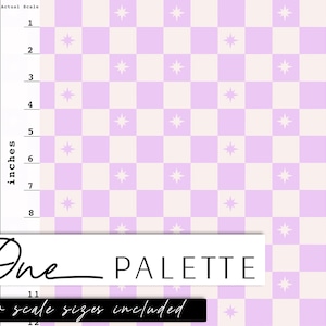 May include: A checkerboard pattern in light purple and white with white stars in each square. The text "One PALETTE" is at the bottom of the image. The text "two scale sizes included" is below the text "One PALETTE".