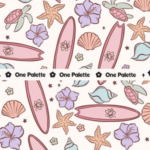 May include: A seamless pattern featuring pink surfboards, starfish, seashells, hibiscus flowers, and sea turtles on a white background. The pattern is perfect for creating a beachy vibe in your home decor.