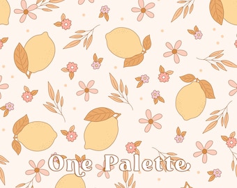 May include: A seamless pattern featuring lemons, leaves, and flowers in shades of yellow, orange, and pink on a white background. The text "One Palette" is written in a stylized font.