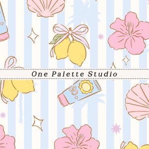 May include: A repeating pattern with lemons tied with pink bows, pink hibiscus flowers, seashells, and sunscreen tubes with a sun logo. The background has blue and white vertical stripes and the text "One Palette Studio".