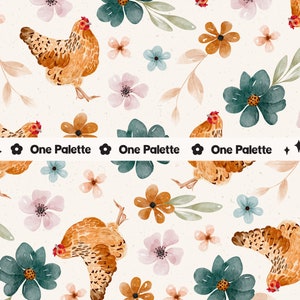 EVERLEE | Aquarelle florale de poules de poulet automne transparente motif numérique, motif de répétition sans couture, motif de tissu, fichier sans couture de poulet poule
