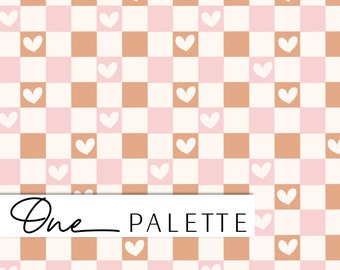 May include: A seamless pattern featuring a white heart on a pink and brown checkered background. The pattern is repeated throughout the image.