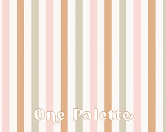 May include: A striped background with alternating brown, light gray, and pink vertical stripes. The text "One Palette" is written in a white, cursive font at the bottom of the image.