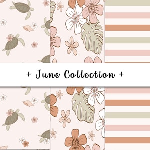 May include: A set of four digital paper patterns featuring a tropical theme. The patterns include a pink and white floral design, a green and white tropical leaf design, a brown and white turtle design, and a pink and brown striped design. The text "June Collection" is displayed in the center of the image.