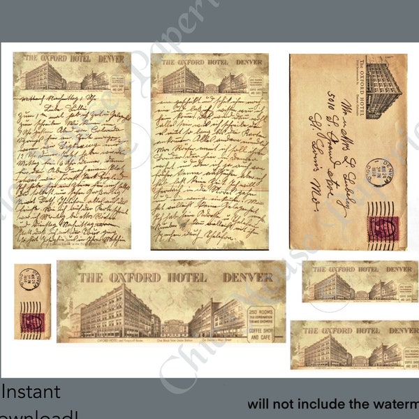 Old Letter Oxford Hotel Denver Written in German Junk Journal  Tuckable Printable Collage Scrapbooking Digital Download JPG  11 x 8.5