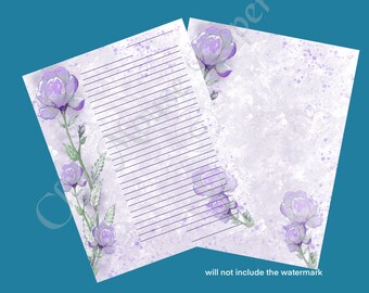Lavender Purple Floral Printable Stationery  Digital Download Both Lined  Unlined Jpeg JPG Letter Size 11 x 8.5 Flowers Junk Journal Insert