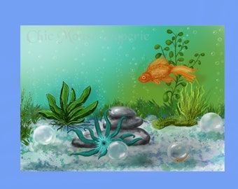 Pesce d'oro in un acquario Bianco Note Biglietto d'auguri Istantanea Scarica JPG JPEG 5 x 7 Opere d'arte originali pronto per stampare e tagliare