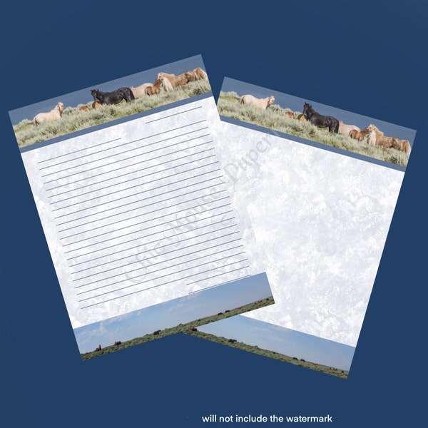 Wild Horses of Sweetwater County Printable Stationery Wyoming Photography Digital Download Both Lined  Unlined Jpeg JPG Letter Size 11 x 8.5