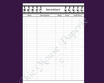 Hoja de inventario de productos del vendedor en línea (8,5 x 11), descarga instantánea, JPEG, PDF, imprimible, rastreador de suministros, blanco y negro, vintage, tiendas artesanales.