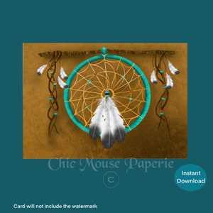 May include: A digital illustration of a dreamcatcher with a turquoise hoop and gold web, decorated with white feathers and beads. The background is a textured gold, with the text "Chic Mouse Paperie" and "Instant Download".