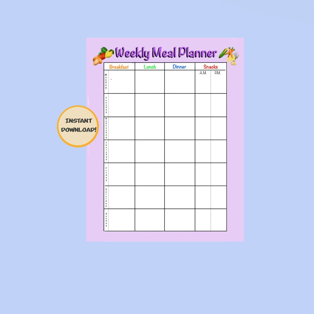 Weekly Meal Planner Instant Digital Download Printable PDF File Letter ...