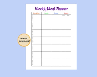Planificador de comidas semanal Diario basura Insertar Descarga digital instantánea Archivo PDF imprimible Tamaño de letra Diseño simple