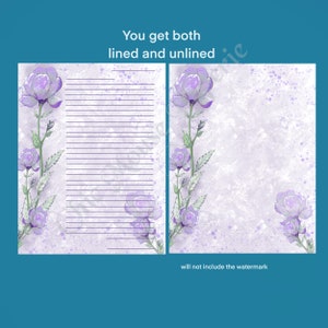 Pu&ograve; includere: Carta da lettere stampabile con un design floreale viola con un'opzione con righe e senza righe. Il testo "You get both lined and unlined" &egrave; in cima alla pagina. Il testo "will not include the watermark" &egrave; in fondo alla pagina.