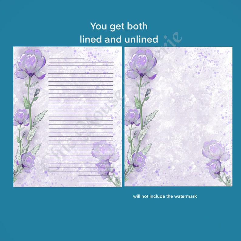 Pu&ograve; includere: Carta da lettere stampabile con un design floreale viola con un'opzione con righe e senza righe. Il testo "You get both lined and unlined" &egrave; in cima alla pagina. Il testo "will not include the watermark" &egrave; in fondo alla pagina.