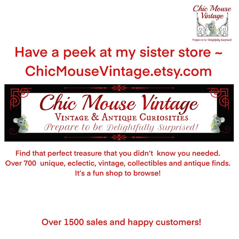 Pu&ograve; includere: Uno stendardo nero e rosso con il testo "Chic Mouse Vintage" e lo slogan "Vintage & Antique Curiosities Prepare to be Delightfully Surprised!" Lo stendardo presenta una piccola illustrazione di un topo che tiene un fiore.