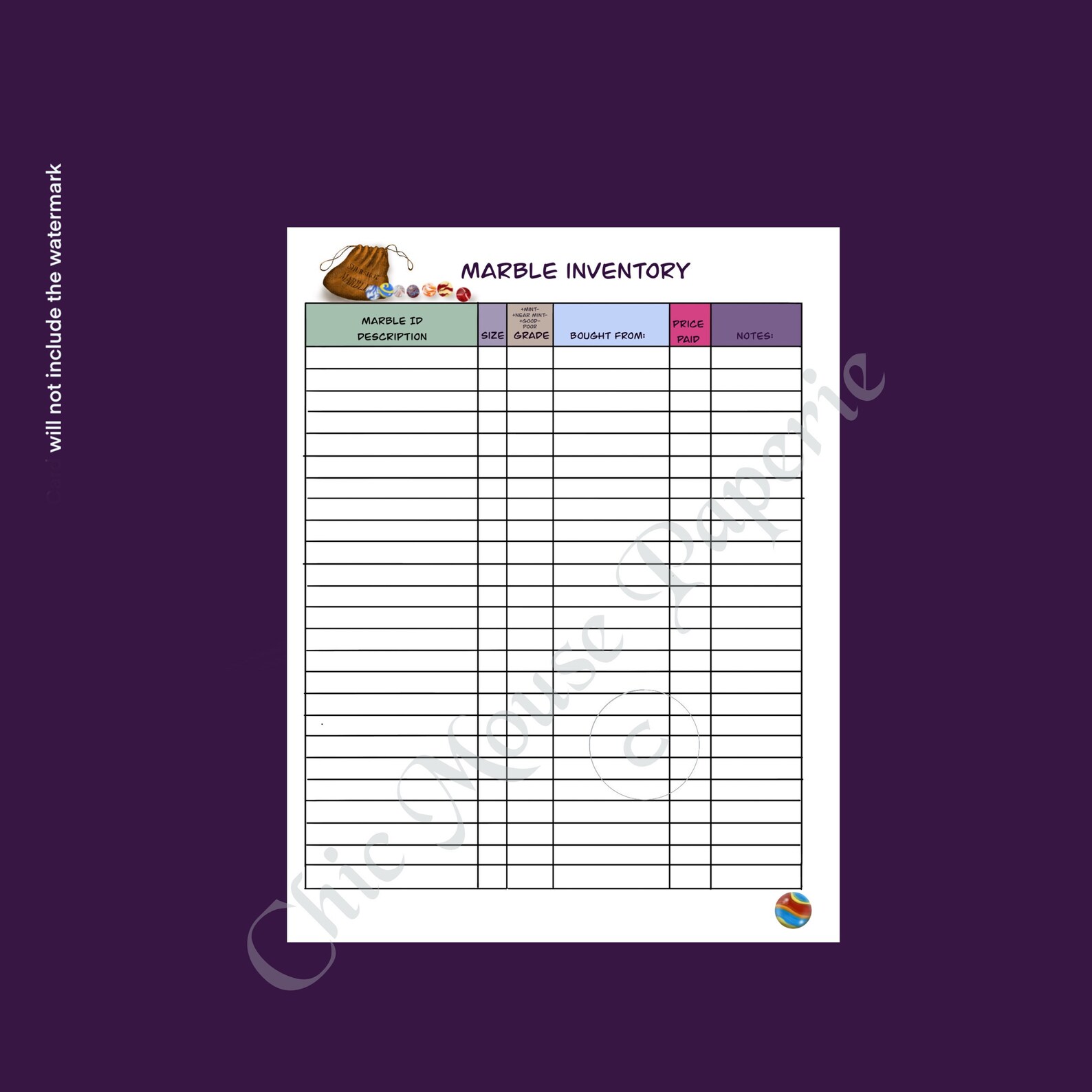 Marble Collector Inventory List for Toy Glass Marbles 8.5 X 11 ID Size Grade Instant Download ...