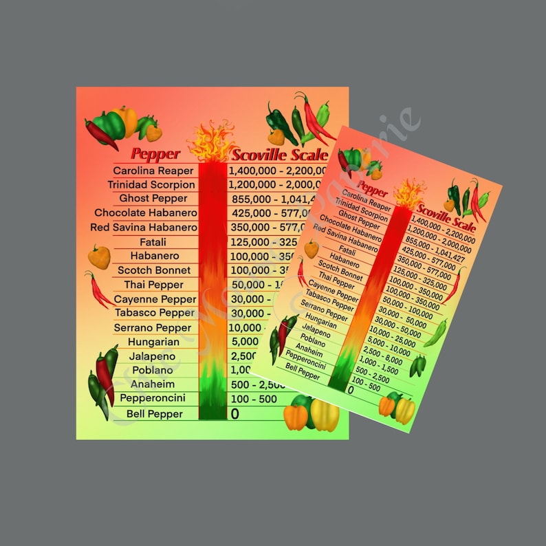 Puede incluir: Un gr&aacute;fico colorido con un fondo degradado rojo, amarillo y verde. El gr&aacute;fico enumera diferentes tipos de pimientos y sus unidades de calor Scoville. La escala de Scoville mide el picante de los chiles. El gr&aacute;fico incluye pimientos como Carolina Reaper, Trinidad Scorpion, Ghost Pepper, Chocolate Habanero, Red Savina Habanero, Fatali, Habanero, Scotch Bonnet, Thai Pepper, Cayenne Pepper, Tabasco Pepper, Serrano Pepper, Hungarian, Jalapeno, Poblano, Anaheim, Pepperoncini y pimiento morr&oacute;n.