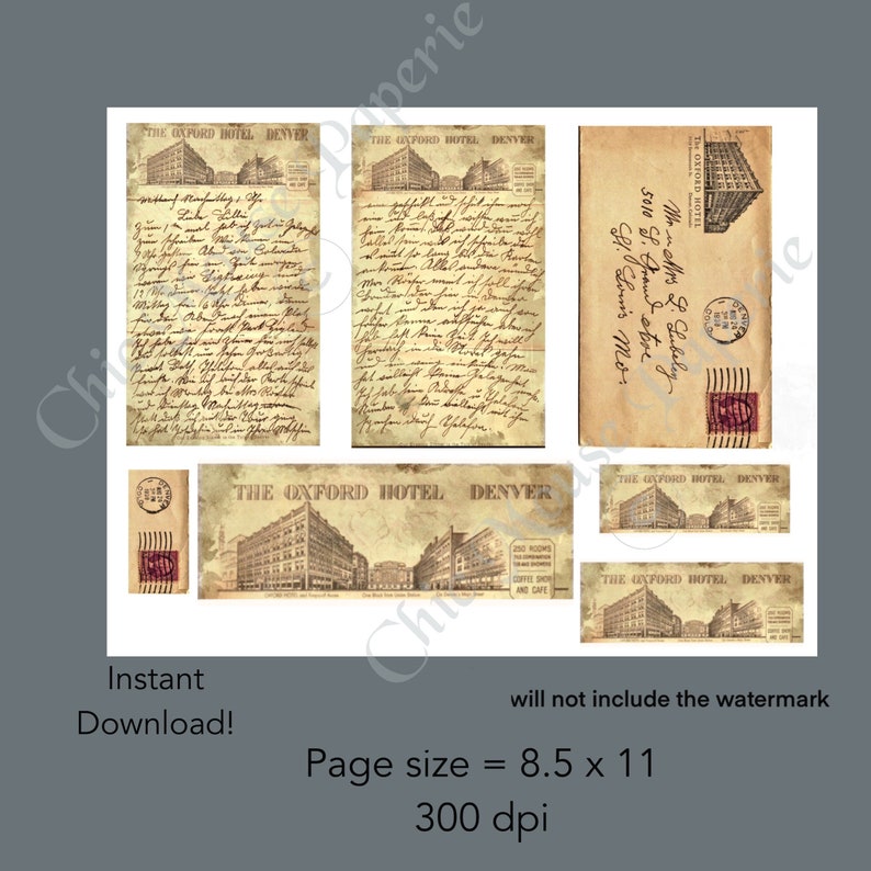 Old Letter Oxford Hotel Denver Written in German Junk Journal Tuckable Printable Collage Scrapbooking Digital Download JPG 11 x 8.5 image 1