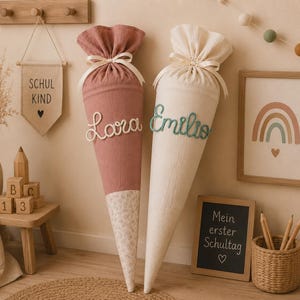 Scritta personalizzata da 8 cm realizzata in lana e filo metallico, nome da apporre sul cono scolastico, targhetta con il nome, regalo per scolaretto, primo giorno di scuola